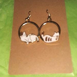 Gold hoop Earrings with white  Kitty Kat Cat - pierced earrings NEW NWT